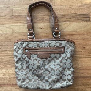 Authentic Coach Canvas Shoulder Bag in Brown and Cream w/Red Interior